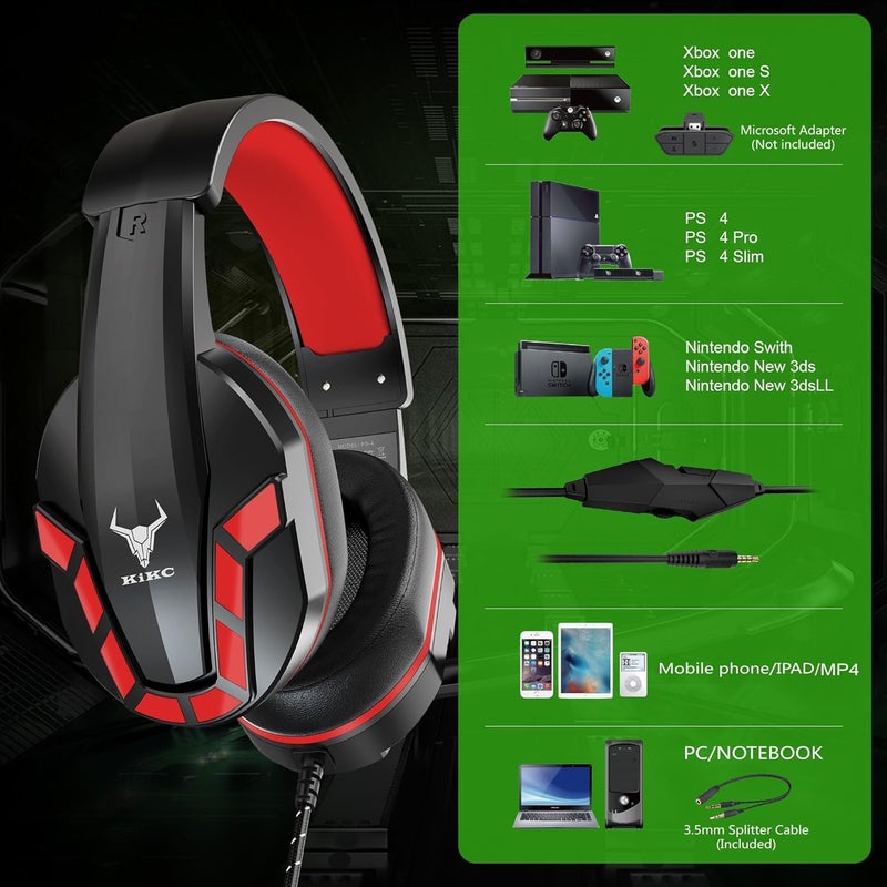 Kikc PS4 Gaming Headset with Mic for Xbox One, PS5, PC, Mobile Phone and Notebook, Controllable Volume Gaming Headphones with Soft Earmuffs for Kid (Red) - Image 3